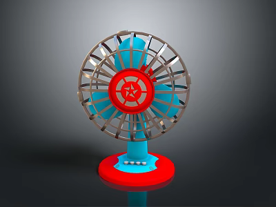 Red And Blue Desktop Electric Table Fan With Star Logo And Metal Grille 3d model