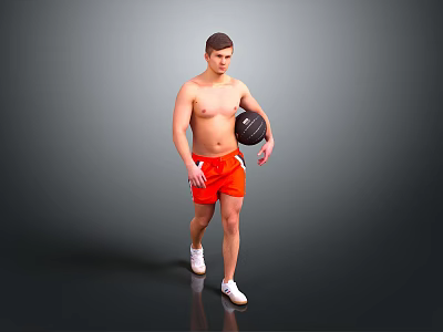 Shirtless Man Walking With Black Basketball Wearing Orange Shorts Against Gray Background 3d model