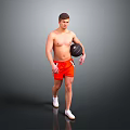 Shirtless Man Walking With Black Basketball Wearing Orange Shorts Against Gray Background