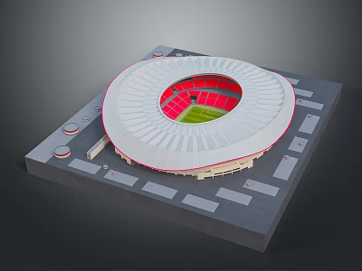 Circular Sports Stadium Model With Red Seats Green Pitch And White Roof 3d model