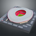 Circular Sports Stadium Model With Red Seats Green Pitch And White Roof