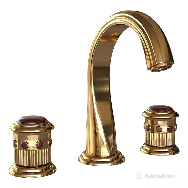Elegant Golden Faucet With Red Gemstone Knobs And Curved Spout Design 3d model