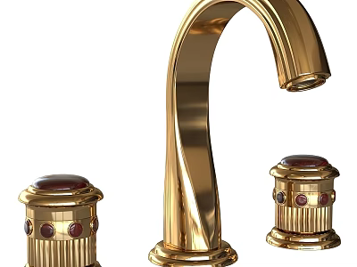 Elegant Golden Faucet With Red Gemstone Knobs And Curved Spout Design 3d model