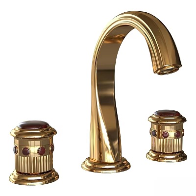 Elegant Golden Faucet With Red Gemstone Knobs And Curved Spout Design 3d model
