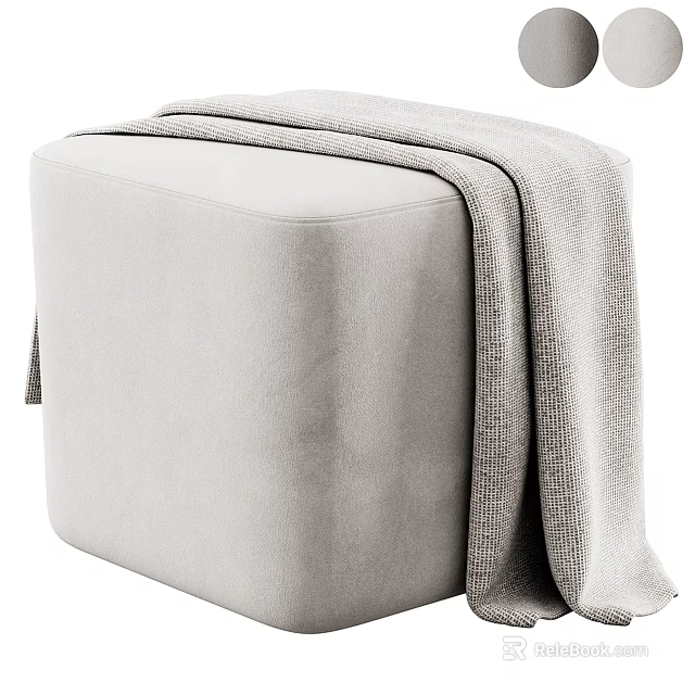 Light Gray Upholstered Ottoman with Soft Waffle Knit Blanket on Top 3d model 