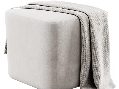 Light Gray Upholstered Ottoman with Soft Waffle Knit Blanket on Top 3d model