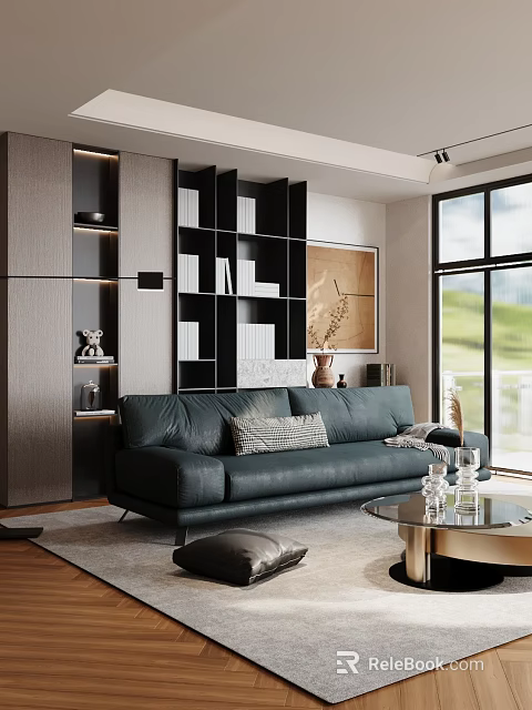 Modern Living Room Interior Design With Dark Green Leather Sofa Black Bookshelf And Large Window 3d model 