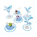 Blue Leaf Shaped Art Installation With Cartoon Figures And Cloud Decorations 3d model