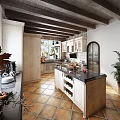 Traditional Kitchen Interior With Beamed Ceiling Wooden Cabinets And Island Counter