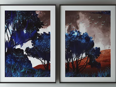 Abstract Wall Art Paintings With Blue Red Trees Grass And Flying Birds For Home Decor 3d model