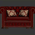 Luxurious Red Tufted Chesterfield Sofa With Rolled Arms And Patterned Pillows 3d model