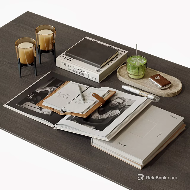 Stylish Decorative Ornament Combination With Open Books Notebook Pen Candles And Tray 3d model 