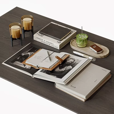 Stylish Decorative Ornament Combination With Open Books Notebook Pen Candles And Tray 3d model