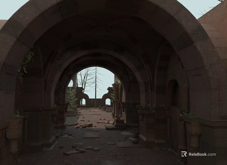 Ancient Stone Ruins With Arched Doorways And Overgrown Vines On Pathway 3d model 