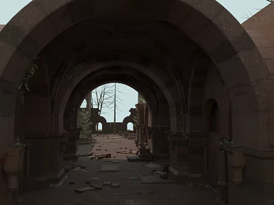 Ancient Stone Ruins With Arched Doorways And Overgrown Vines On Pathway 3d model