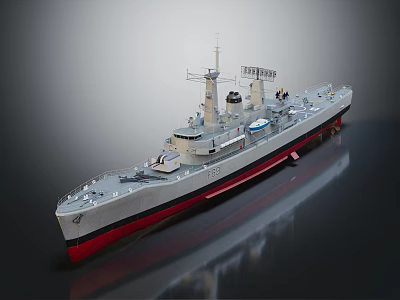 Classic Warship Model Display With Gray Hull Red Bottom Main Turrets And Deck Structures 3d model