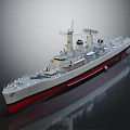 Classic Warship Model Display With Gray Hull Red Bottom Main Turrets And Deck Structures 3d model