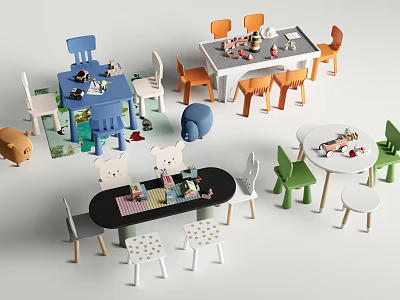 Colorful Kids Tables With Matching Chairs And Toys For Children Room 3d model