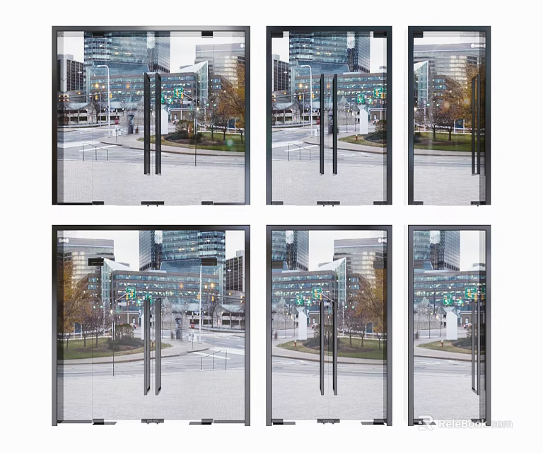 Modern Glass Entrance Door With Metal Handles And Urban Building Background 3d model 