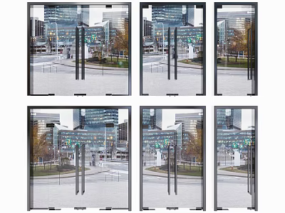 Modern Glass Entrance Door With Metal Handles And Urban Building Background 3d model