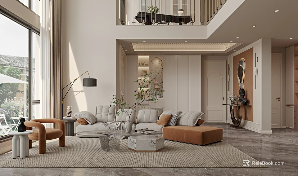 Modern Elegant Living Dining Room Interior With Sofa Coffee Table Floor Lamp Armchair And Rug 3d model 
