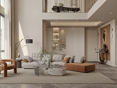 Modern Elegant Living Dining Room Interior With Sofa Coffee Table Floor Lamp Armchair And Rug 3d model