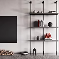 Modern TV Wall With Black Vertical Panels Gray Backdrop Built-in TV Fireplace And Metal Shelves