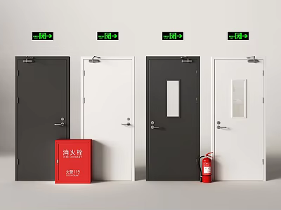 Black And White Swing Doors With Glass Panels Fire Extinguisher And Safety Signs 3d model