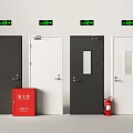 Black And White Swing Doors With Glass Panels Fire Extinguisher And Safety Signs