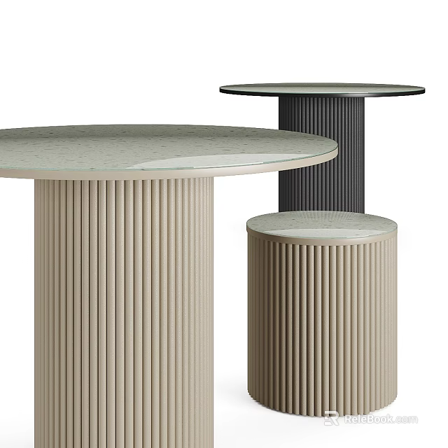 Round Dining Tables With Fluted Legs And Light Colored Marble Like Tabletops In Various Sizes 3d model