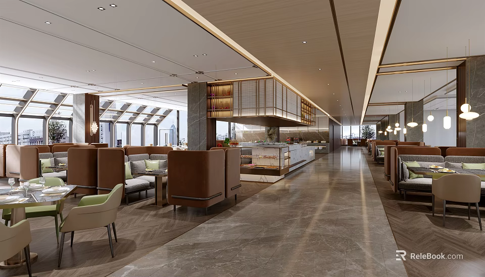 Elegant Modern Restaurant Interior With Marble Floors Booth Seating And Natural Light 3d model 
