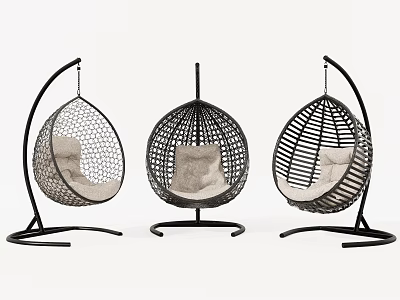 Elegant Woven Rattan Hanging Chairs with Black Metal Stand and Beige Seat Cushion 3d model