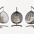 Elegant Woven Rattan Hanging Chairs with Black Metal Stand and Beige Seat Cushion