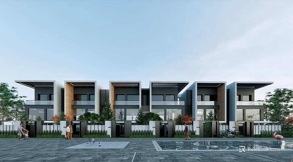 Modern Townhouse Exterior Design Row Of Units With Green Plants Front Yard And Path 3d model 