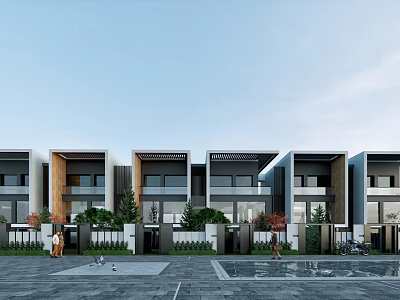 Modern Townhouse Exterior Design Row Of Units With Green Plants Front Yard And Path 3d model