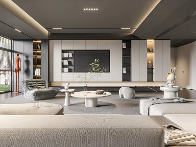 Modern Living Room Interior With Gray Sofa Round Coffee Table Green Plant And TV Wall 3d model