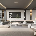 Modern Living Room Interior With Gray Sofa Round Coffee Table Green Plant And TV Wall