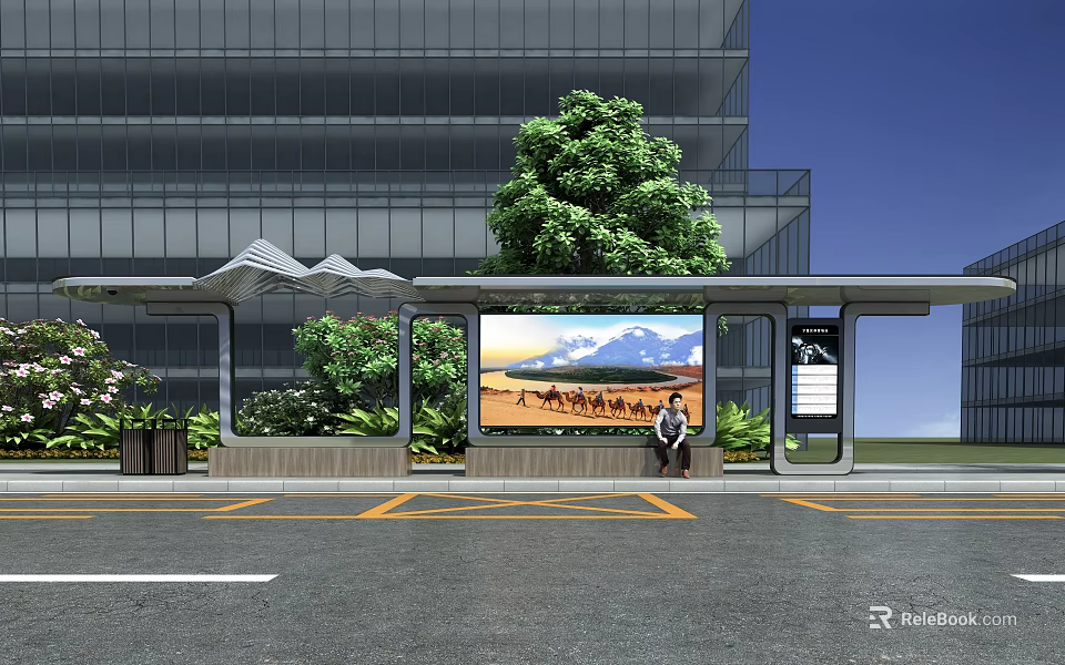 Modern Bus Stop Public Facility With Tall Building Green Trees Billboard Bench And Person Sitting 3d model 