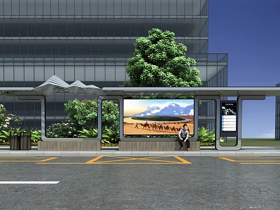 Modern Bus Stop Public Facility With Tall Building Green Trees Billboard Bench And Person Sitting 3d model