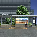 Modern Bus Stop Public Facility With Tall Building Green Trees Billboard Bench And Person Sitting
