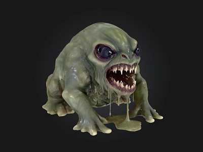 Green Monster Character With Large Eyes Sharp Teeth And Dripping Slime 3d model