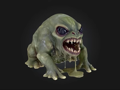 Green Monster Character With Large Eyes Sharp Teeth And Dripping Slime 3d model