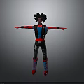 Stylized 3D Character with Black Curly Hair Black Vest Blue Innerwear Red Boots and Stretched Arms