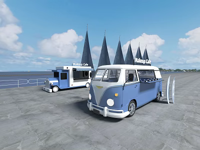Vintage Blue and White Volkswagen Van Food Truck in Outdoor Waterfront with Black Tents 3d model