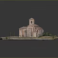 Cartoon Scene with Ancient Building Tower Red Tile Roof Arched Windows Trees and Dirt Path