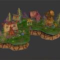 Cartoon Scene Of A Village With Colorful Cottages Windmill Trees And Green Grass
