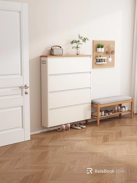 Modern White Shoe Cabinet With Multiple Drawers And Wooden Bench In Home Interior 3d model 