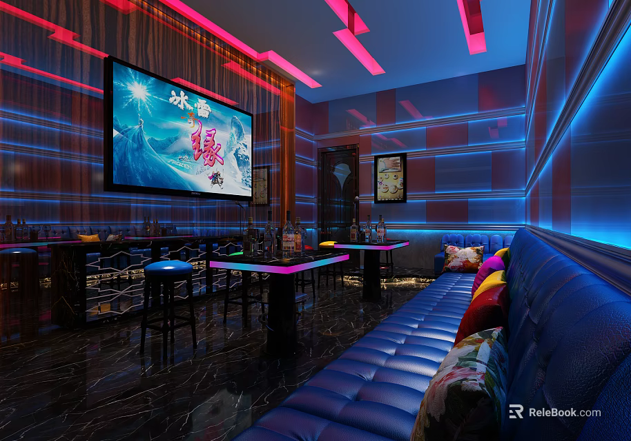 Modern KTV Interior with Large Screen Neon Lights Leather Sofa and Bar Counter 3d model 