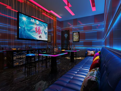 Modern KTV Interior with Large Screen Neon Lights Leather Sofa and Bar Counter 3d model