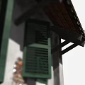 Vintage Building Exterior Detail With Green Shutters White Wall And Wooden Eaves Structure